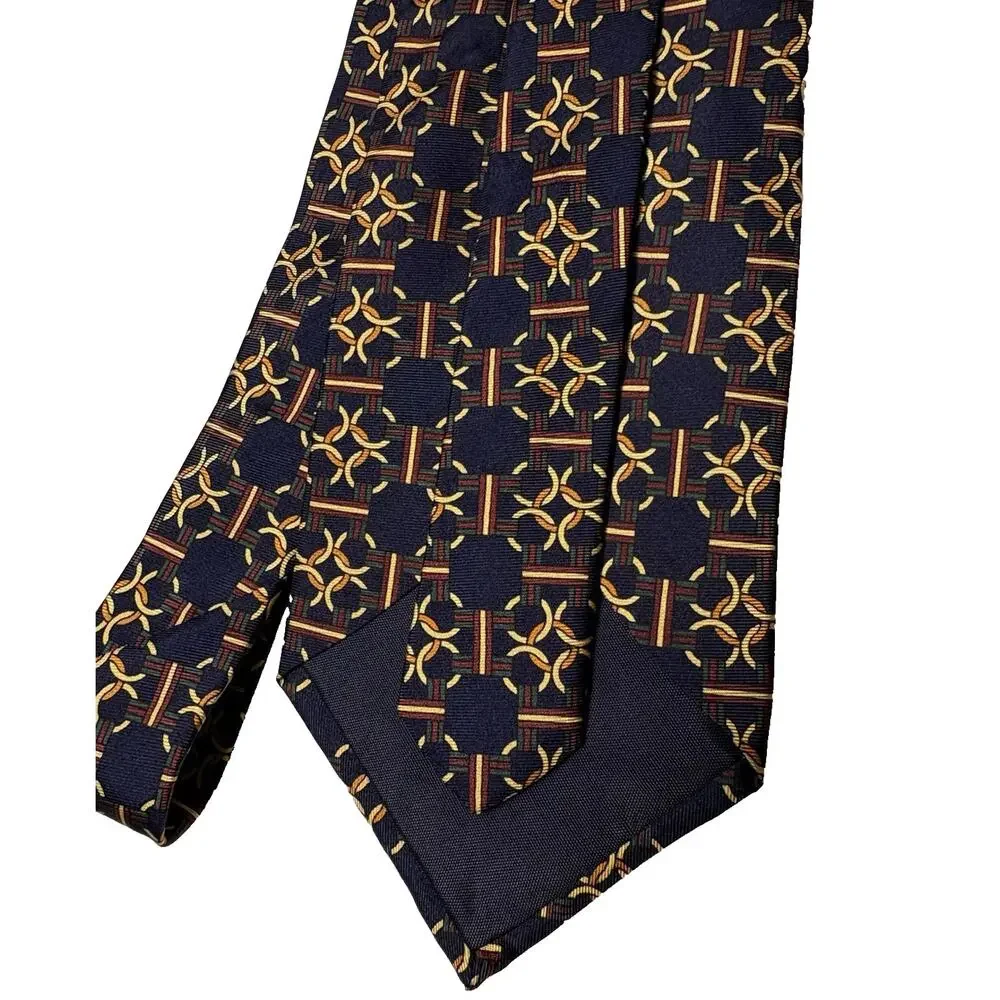 Ted Lapidus Silk Tie USA‎ Navy Blue Gold Yellow Burgundy Circle Chain 4